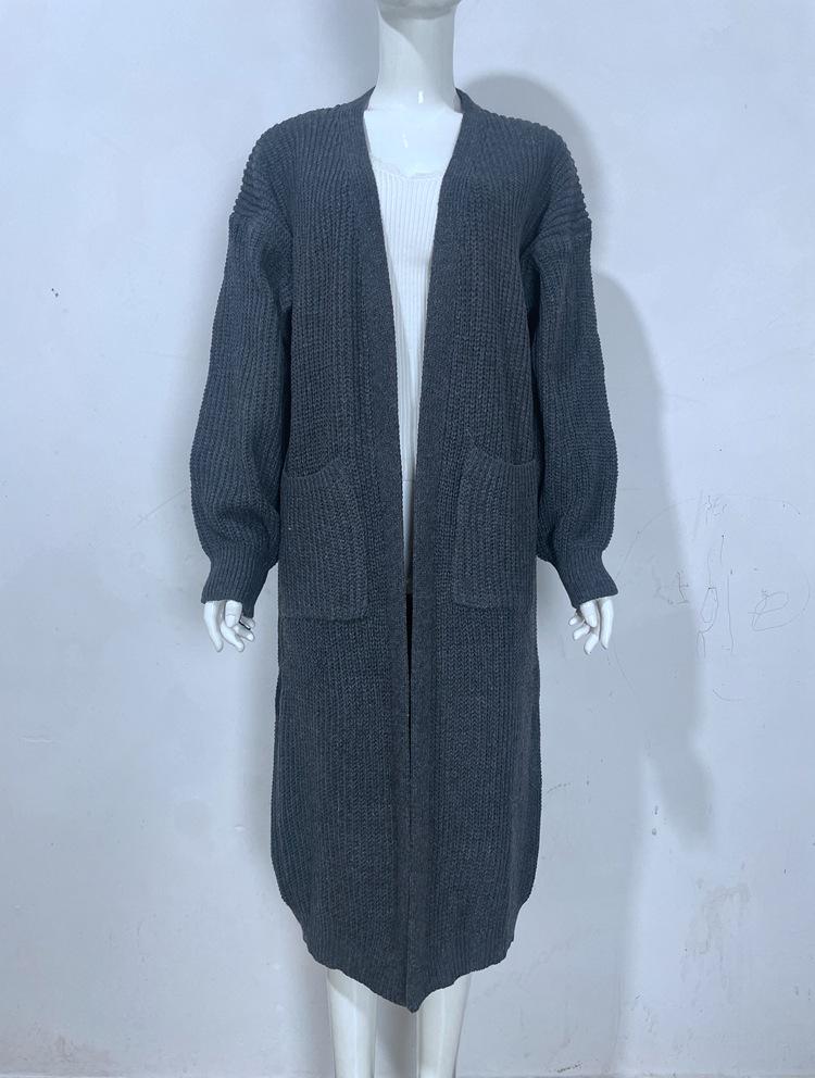Solid Color Women's Knitted Mid-length Cardigan with Pockets