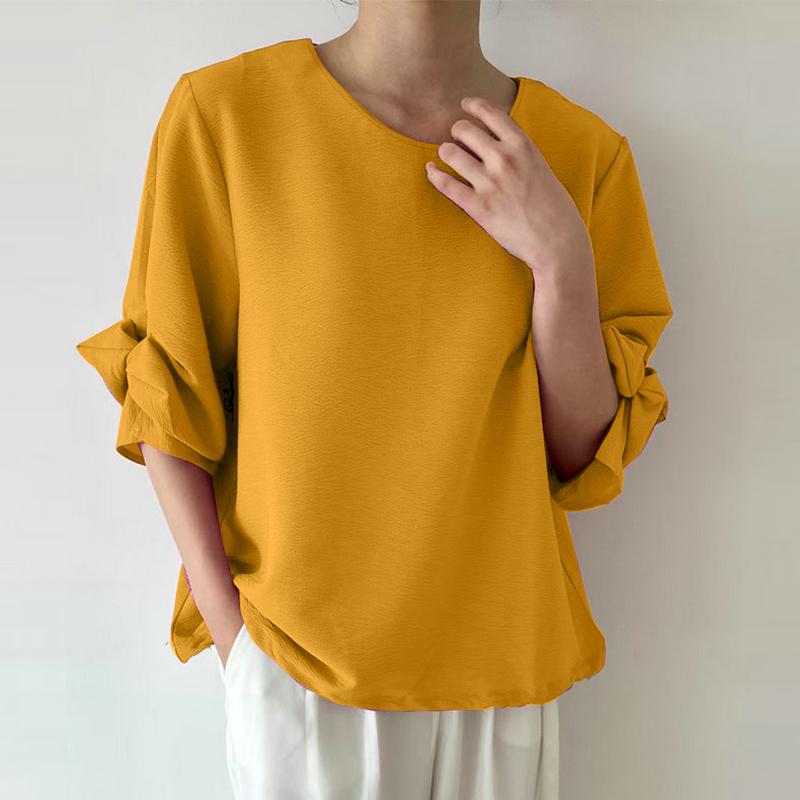 

ZANZEA Женская летняя блузка с круглым вырезом, свободным рукавом 3/4, однотонная 3XL жёлтый