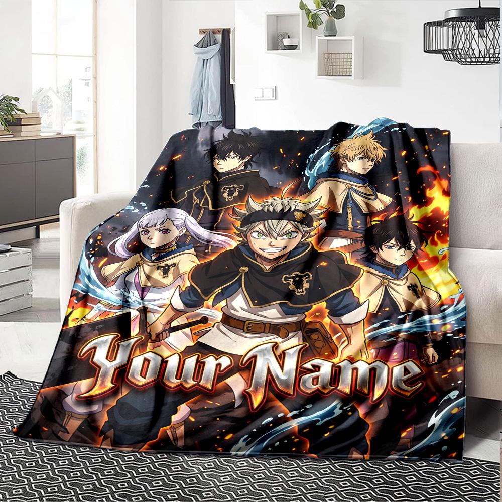 1pc Black Clover Blanket with Custom Name, Gift, for Men and Women, Soft Blanket, Good for Sofa Bed Couch Travel, Lightweight Flannel Blanket