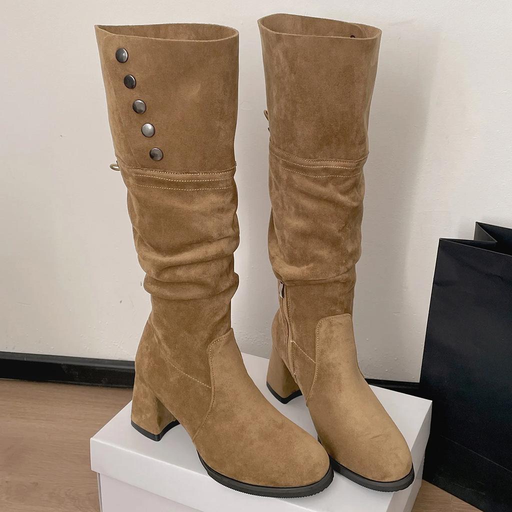 Winter Pointed Toe Suede Women High Boots Belt Buckle Slip On Shoes Concise Thick Heel Knight Long Booties 2025 New