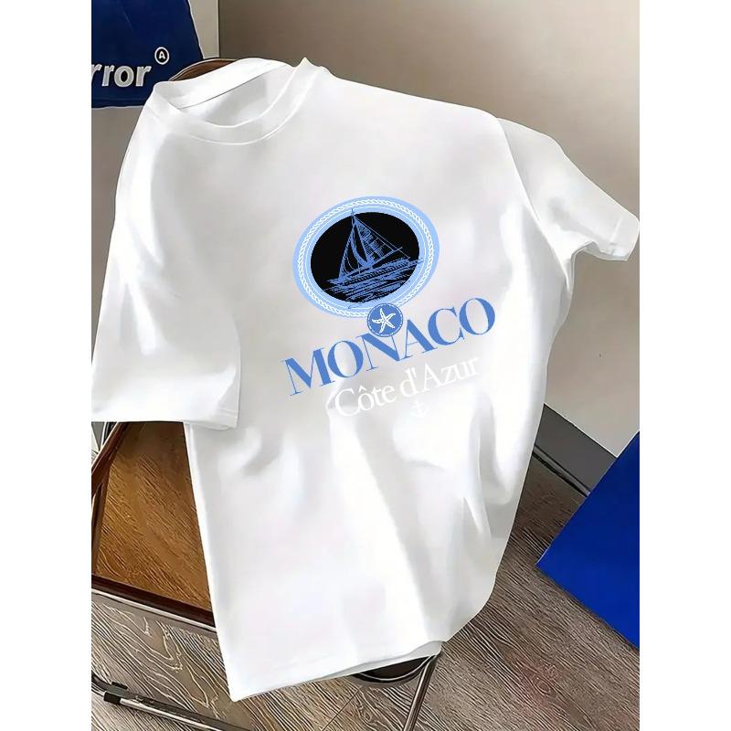 European sizes Men s T-shirts Monaco Côte D Azur Print Round Neck Short Sleeve T-shirt Comfortable Casual Short-sleeved T-shirt for Summer 2XL белый