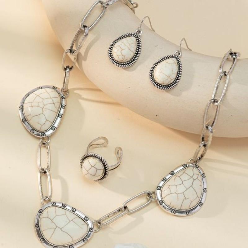 Boho Vintage Turquoise Alloy Necklace Earring Ring Set Women Men Ethnic Style Jewelry Cross Chain Crown Roman Numeral Design