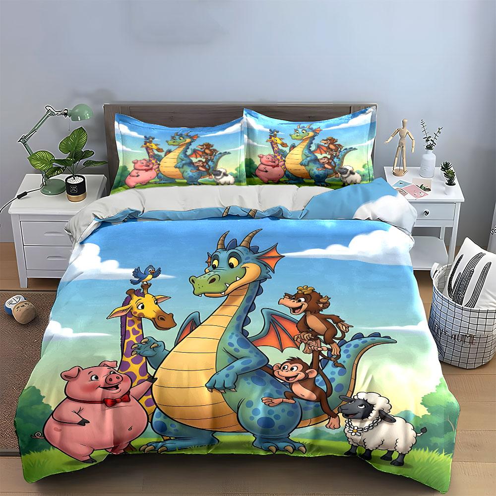 Dragon and Farm Animal Friends Bedding Duvet Cover Set (1*Duvet Cover 2*Pillowcases, without duvet insert)