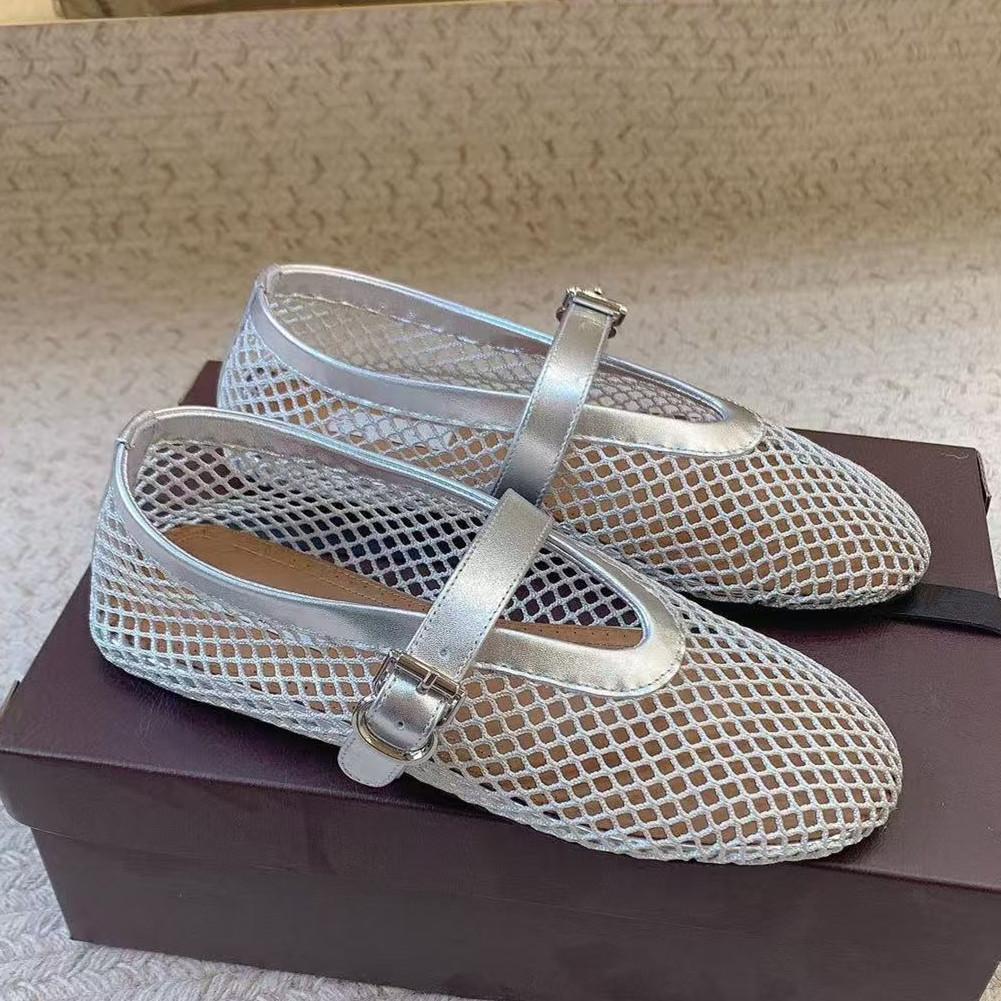 Leisure Fishing Net Flat Ballet Shoes Made Of Genuine Leather With A Straight Cut And Perforated Breathable Mary Jane Single