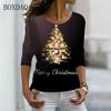 Christmas Tree Pattern Women 3d T-shirts Long Sleeve Christmas Style Street Fashion Ladies Tees Casual Cotton Tops Merry Year