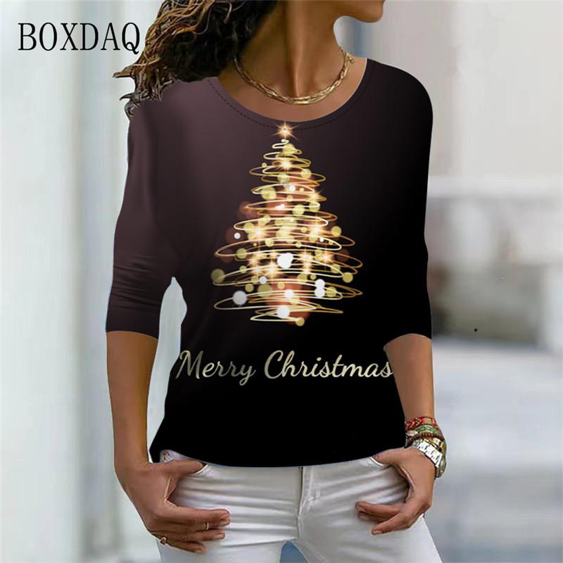Christmas Tree Pattern Women 3d T-shirts Long Sleeve Christmas Style Street Fashion Ladies Tees Casual Cotton Tops Merry Year