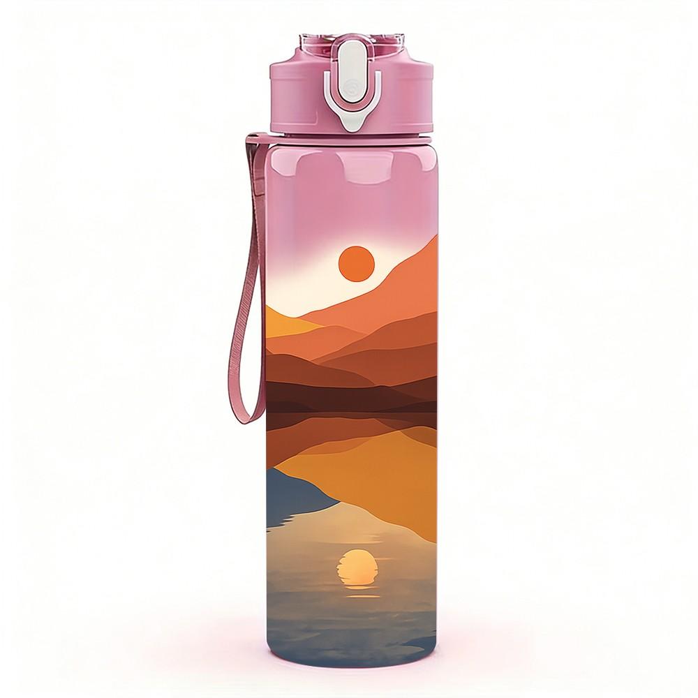 1PC Mountain Desert Sunset Landscape Print 750ml Color Plastic Sports Water Bottle Leakproof Flip Straw Lid Suitable for Sports Office Home Use