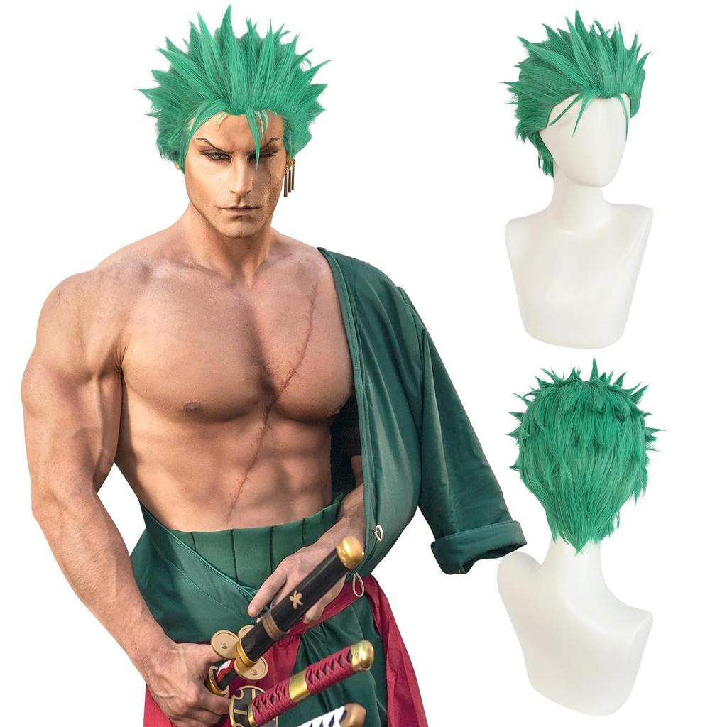 Anime Perücke Zoro Perücke Herren Kurz Grün Stufig Perücke Jungen Hitzebeständige Synthetik Halloween Party Cosplay Perücke