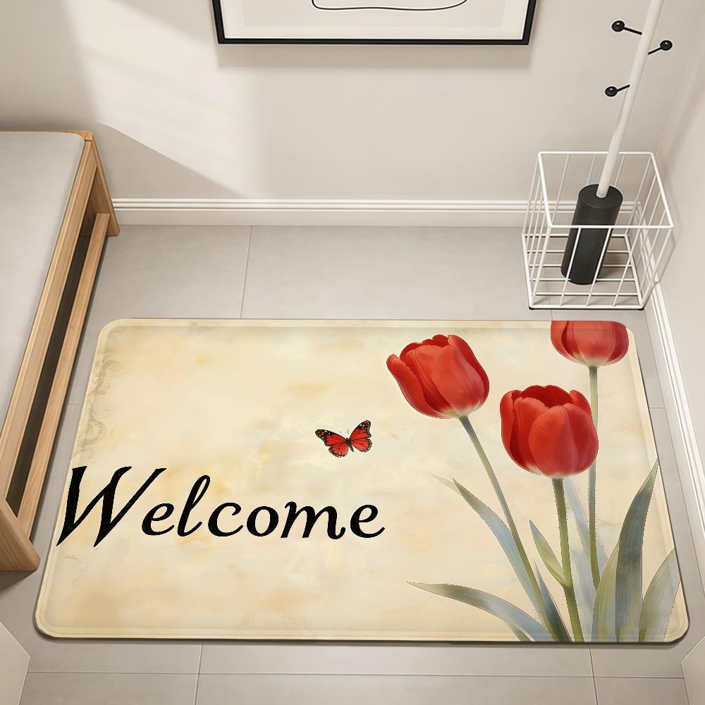 Welcome retro floral tulip fashion Home Bedside Rug Kitchen Bath Floor Mat Hallway Balcony Carpet Entrance Doormat hogar Decor