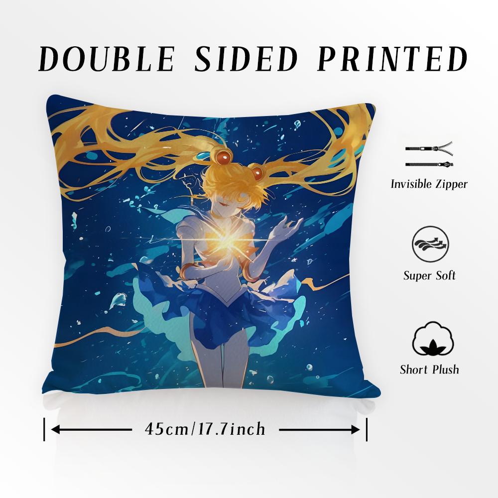 S-SAILOR Anime M-MOON Pillow Case Pillowcase Anti-dustmite Pillow Invisible Zipper Silky Short Plush Sofa Cushion Cover