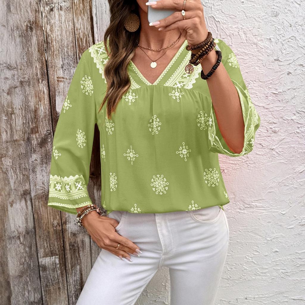 Ladies' Casual Retro Loose Bohemian Printed 3/4 Sleeve Shirt Top