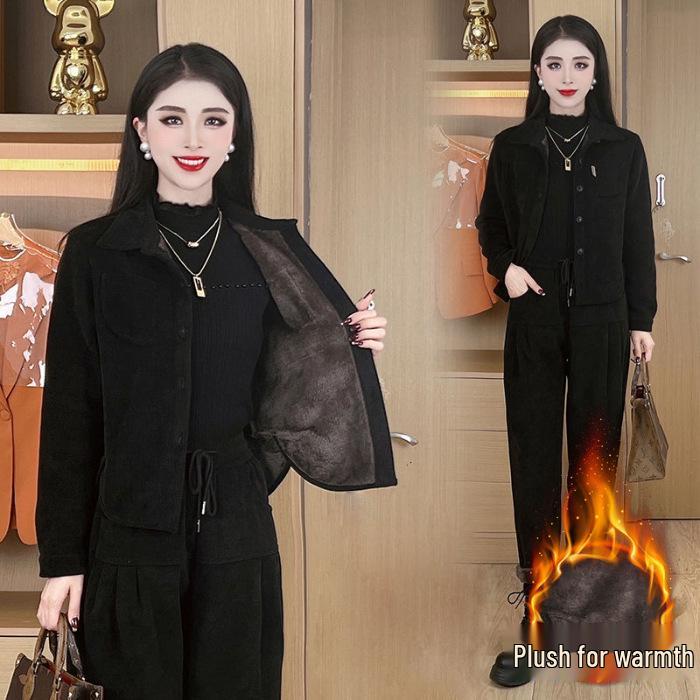 

Жіночий двокомпонентний комплект з флісовою підкладкою з шенилі на осінь/зиму 2025: Стильні, що омолоджують, вільні повсякденні штани-гареми. 4XL (160-175 lbs) чорний