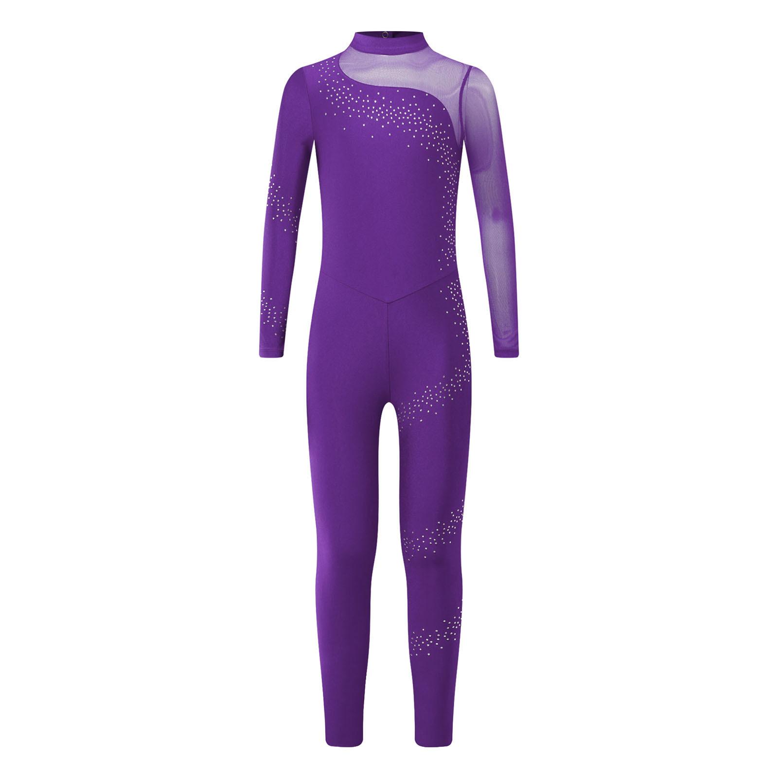 

Girls Mesh Patchwork Bodysuit Sparkly Rhinestones Long Sleeve Keyhole Back Figure Skating Dance Gymnastics Jumpsuit 5-6 Years фіолетовий