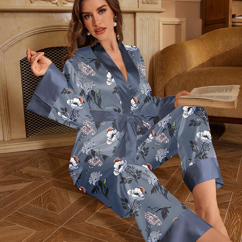 Printed Flower Sleepwear Spring Autumn Nightwear Lounge Wear Long Sleeved Bathrobe Cardigan Robe Satin Pajamas Suit Home Clothes