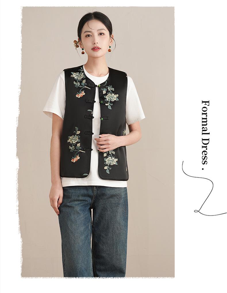 Spring Retro Chinese-Style Hanfu Vest: Women's Satin Embroidered Cardigan with Frog Buttons
