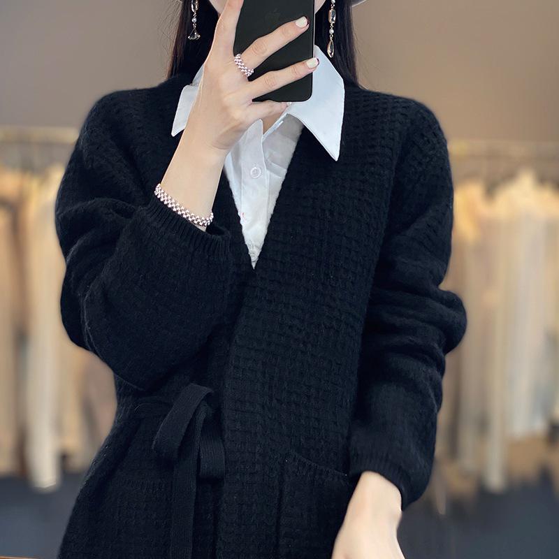 Women's 2023 Loose Cashmere Tie-Up Sweater, Long Sleeve, Pure Wool, Knitted Cardigan with % Collar for Spring