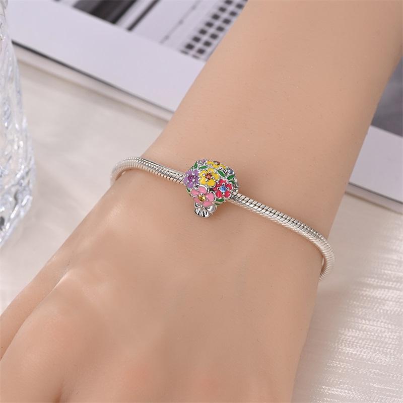 Copper Cute Colorful Flowers Charms Pendant Elegant Romantic Beads Fit Original Bracelet Diy Birthday Jewelry Gift