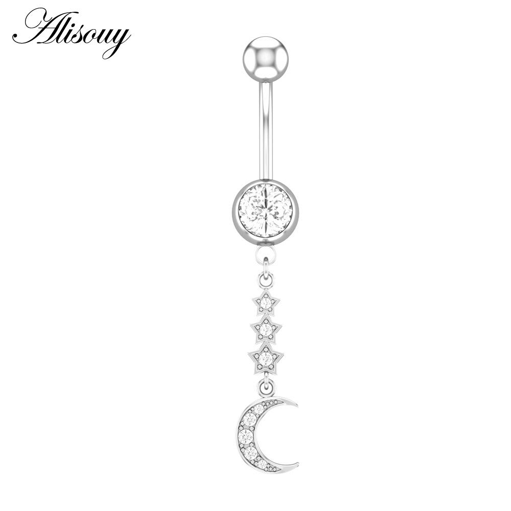 Alisouy 1pc Surgical Steel Crystal Zircon Star Butterfly Moon Stones Dangle Button Navel Piercing Ring Belly Ring Body Jewelry
