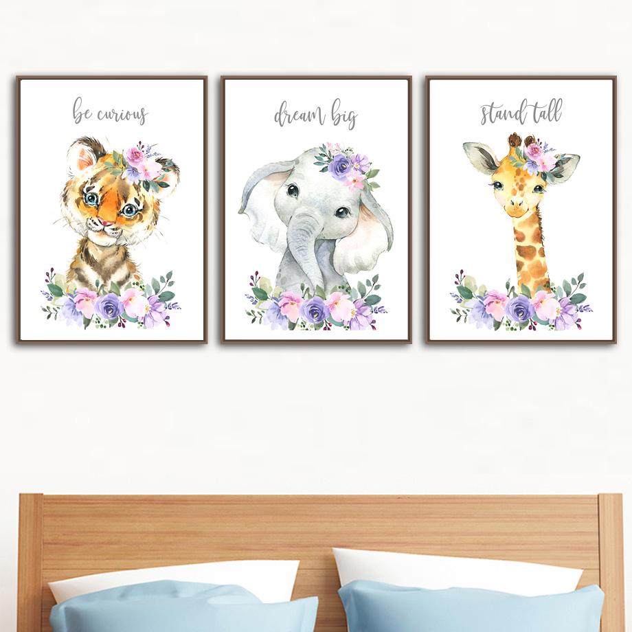 Lavender Pink Floral Animal Poster Elephant Lion Giraffe Nursery Wall Art Print Canvas Painting Wall Pictures Baby Room Decor