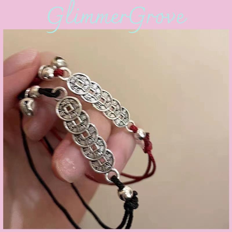 Chinese Red Stylish String Bracelet With Five Emperor Coins Plated Unisex Alloy