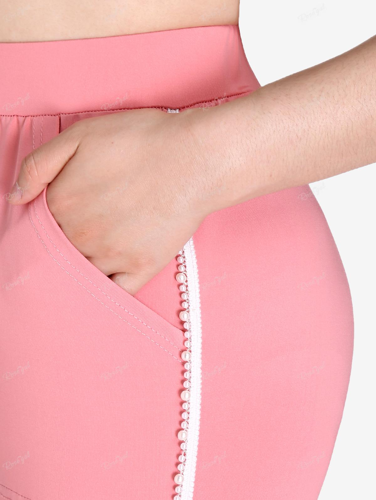 Леггинсы-капри больших размеров Rosegal с жемчугом и карманами M светло-розовый — фото 5