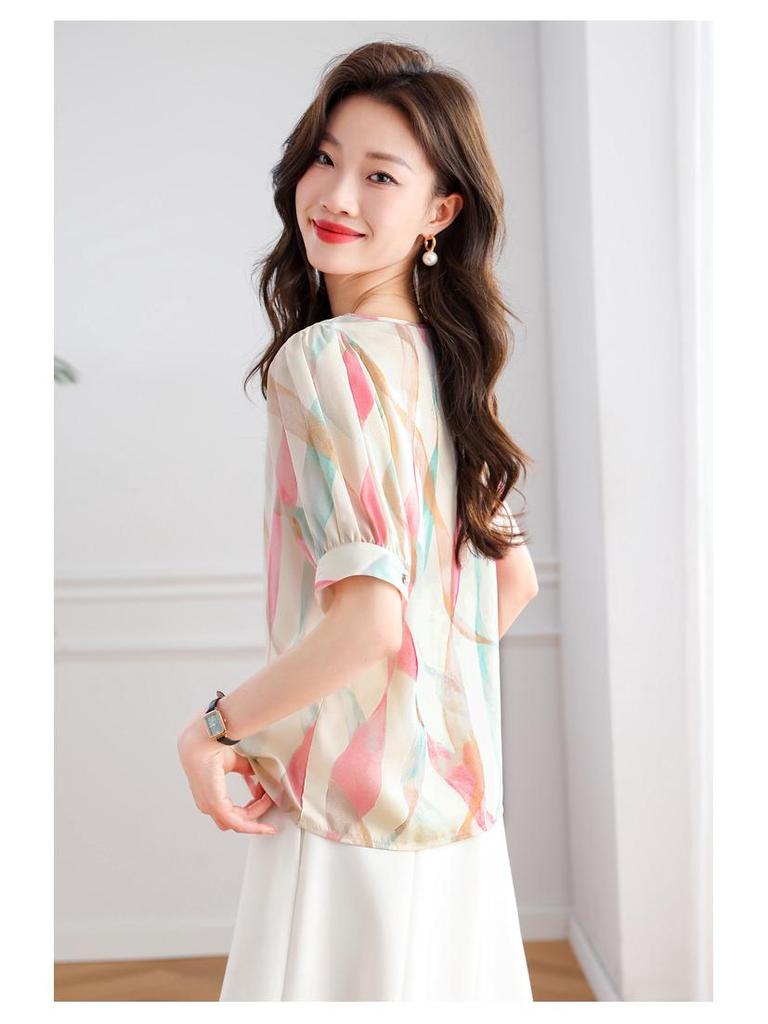 Women's 2025 New Style Contrast Color Chiffon Short-Sleeved Pullover Top