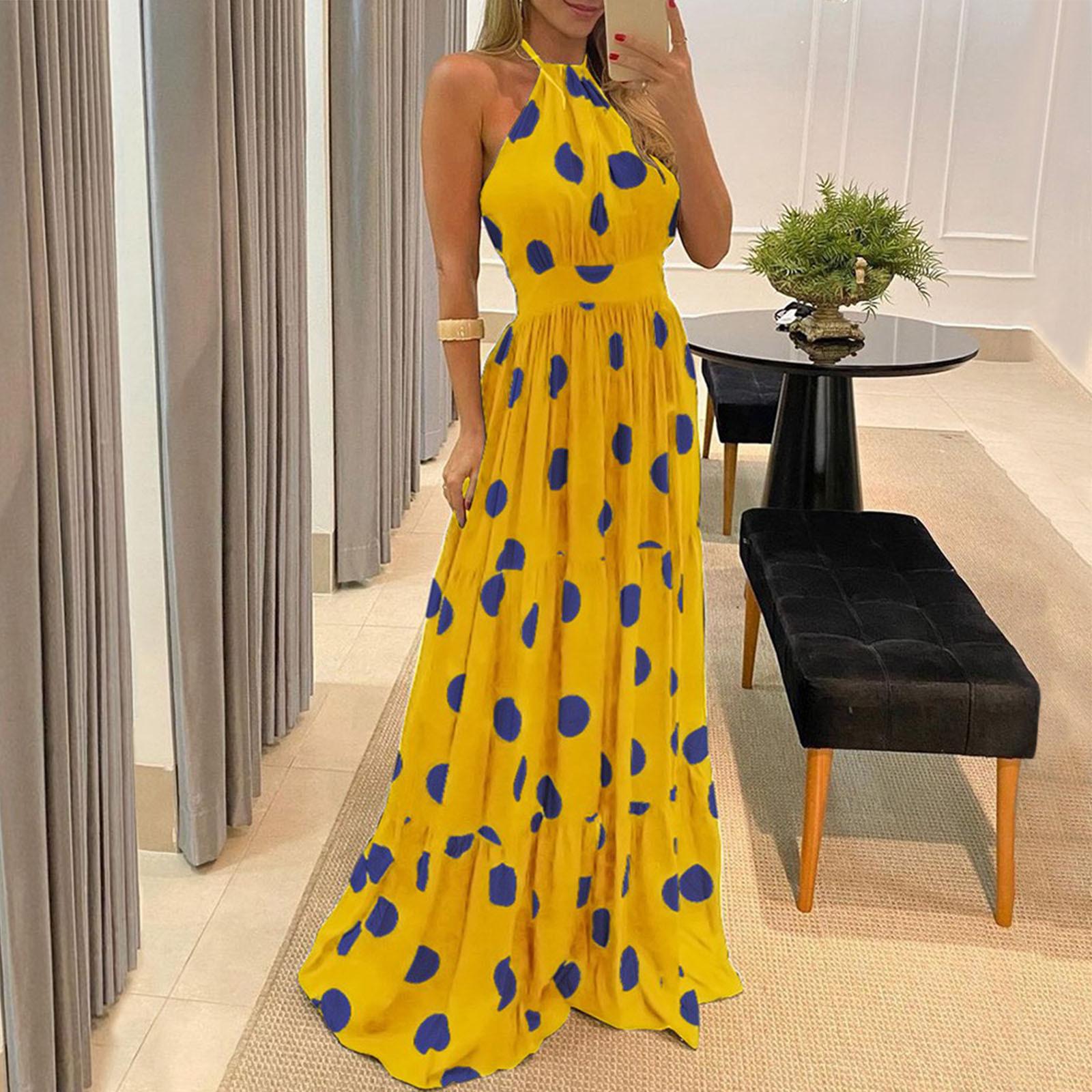 

Women Print Backless Maxi Dress Sexy Sleeveless Beach Dress XL жовтий