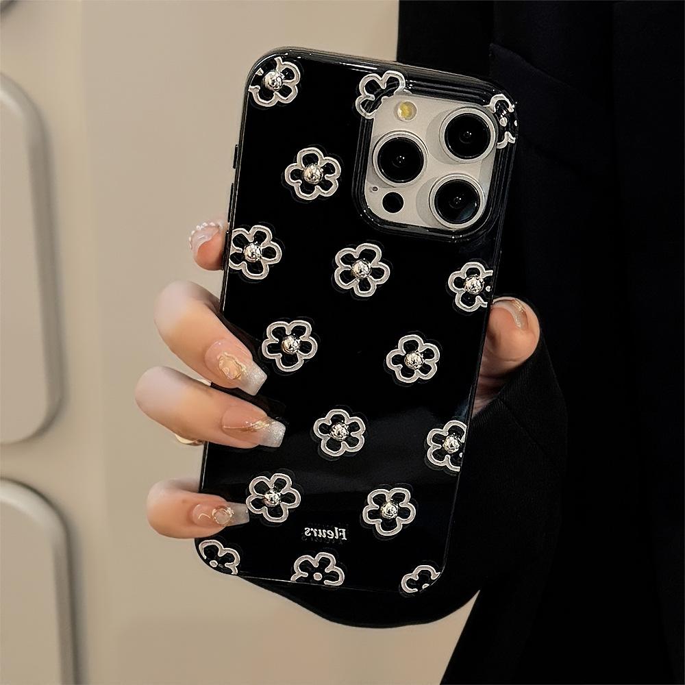 Three dimensional Silver Bead Flowers Suitable for 14promax Apple 16 Mobile Phone Case IPhone 13 Hanging Chain 11 Metal Wind 12 Soft