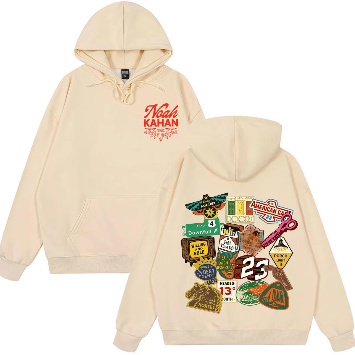 Noah Kahan The Great Divide Tour 2026 Grafik Hoodie Herren Damen Vintage Pullover Langarm Locker Oversized Unisex Harajuku hohe Qualität M beige