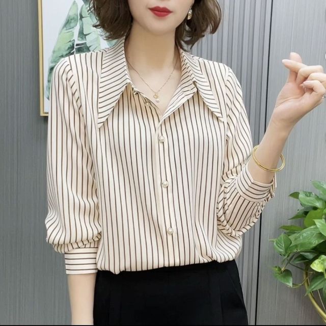 New Fashion Women's Stripe Shirt Spring/Summer Korean Long Sleeve Bottoming Blouse Turn Down Collar Top L-7XL