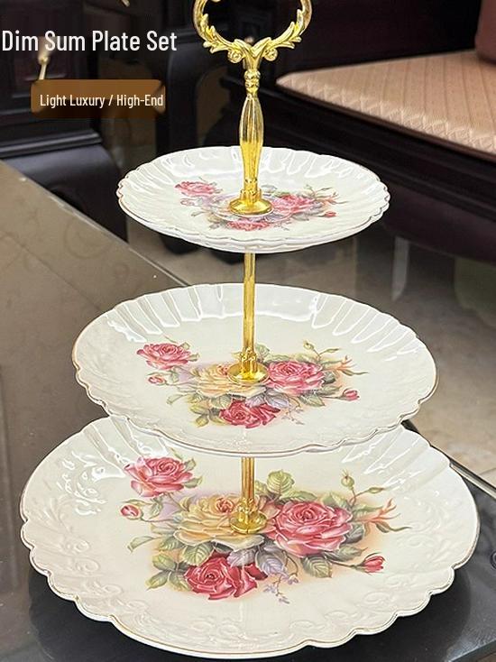 Ceramic Three-Tier Pastry Stand: English-European Style Fruit Bowl, Cake, Candy, and Snack Plate for Afternoon Tea.