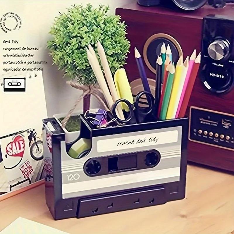 Retro Kaset Dağıtıcı Kalemlik ABS Reçine Masaüstü Saklama Kutusu Ofis Kırtasiye Saklama Kutusu Masaüstü Dekorasyonu