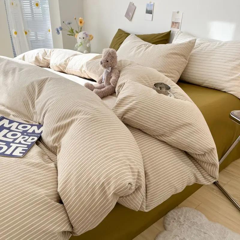 INS Plaid Bedding Set Pink Green Bed Linens Nordic Duvet Cover Pillowcase Queen Size Flat Sheet Adults Kids Bedclothes