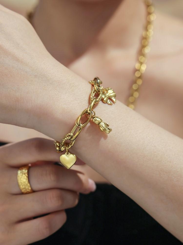 Stainless Steel Chain Bracelet For Women 18k Gold Plated Waterproof Non Tarnish Women's Heart Bear Flower Bow Charms Bracelets