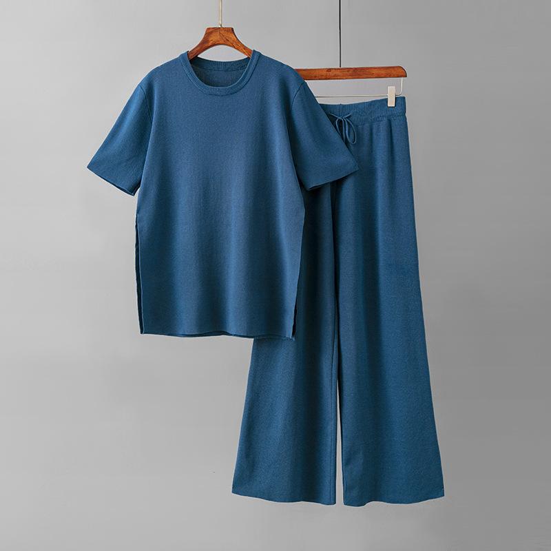 

Модный вязаный костюм женский средней длины однотонный свободный вязаный свитер с разрезами + брюки с высокой талией на шнуровке комплект из двух предметов one size fits all синий