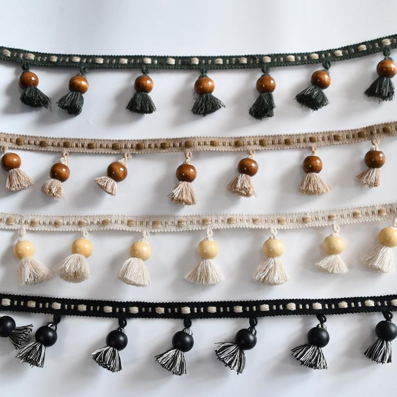 1.5x100cm Cotton Curtain Tassel Accessories Wood Beads Hanging Ball Fabric Lace Accessories Handmade DIY Home Decoration