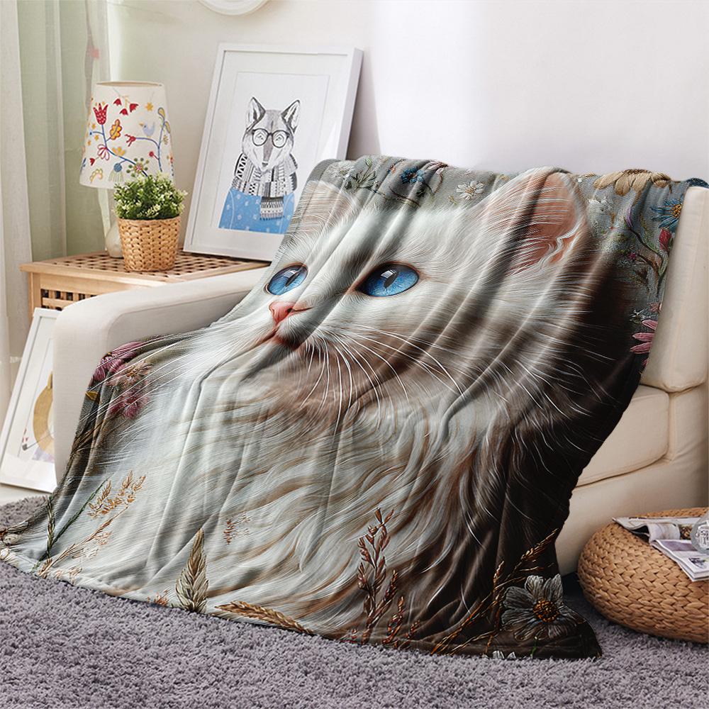 Weiße Katzen-Print Flanelldecke, Hohe Qualität, Bequem für alle Jahreszeiten, Heimdekoration, Wärme und Komfort, Perfekt für Weihnachtsgeschenke