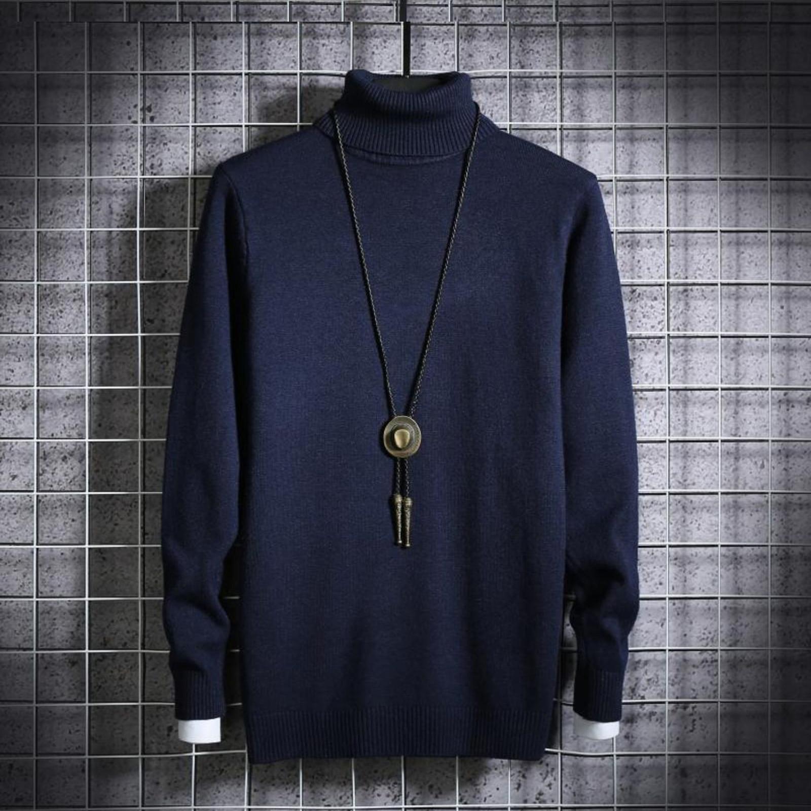 

Мужской облегающий свитер с высоким воротником Зимний повседневный вязаный свитер однотонной расцветки XXXL тёмно-синий