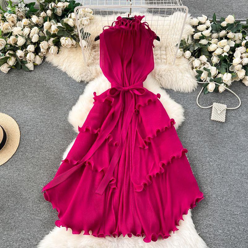 Wooden Ear Silm Long Pleated Chiffon Dress