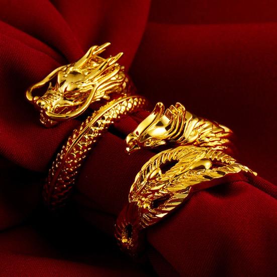 Yousheng Couple Matching Ring 3D Dragon Phoenix Golden Color Open Adjustable Proposal Wedding Ring Anniversary Gift Adult Knuckle Ring Finger Jewelry