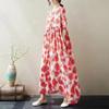 Summer New Literary Age Reduction Large Size Loose and Thin Printed Short-sleeved Long Dress with Pockets Over the Knee Skirt
