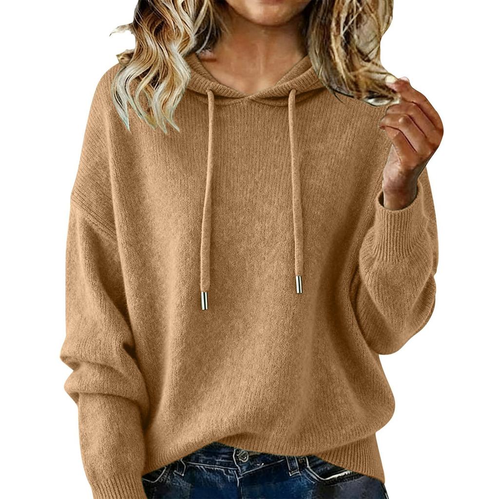 Women S Loose Fit Hooded Knit Pullover Sweater Long Sleeve Solid Color
