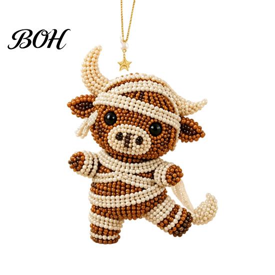 Stress Relief Craft DIY Highland Cow Beading Kit, Cute 3D Bead Pendant Handmade Ornaments with Colorful Beads And Instructions, Beadwork Kit