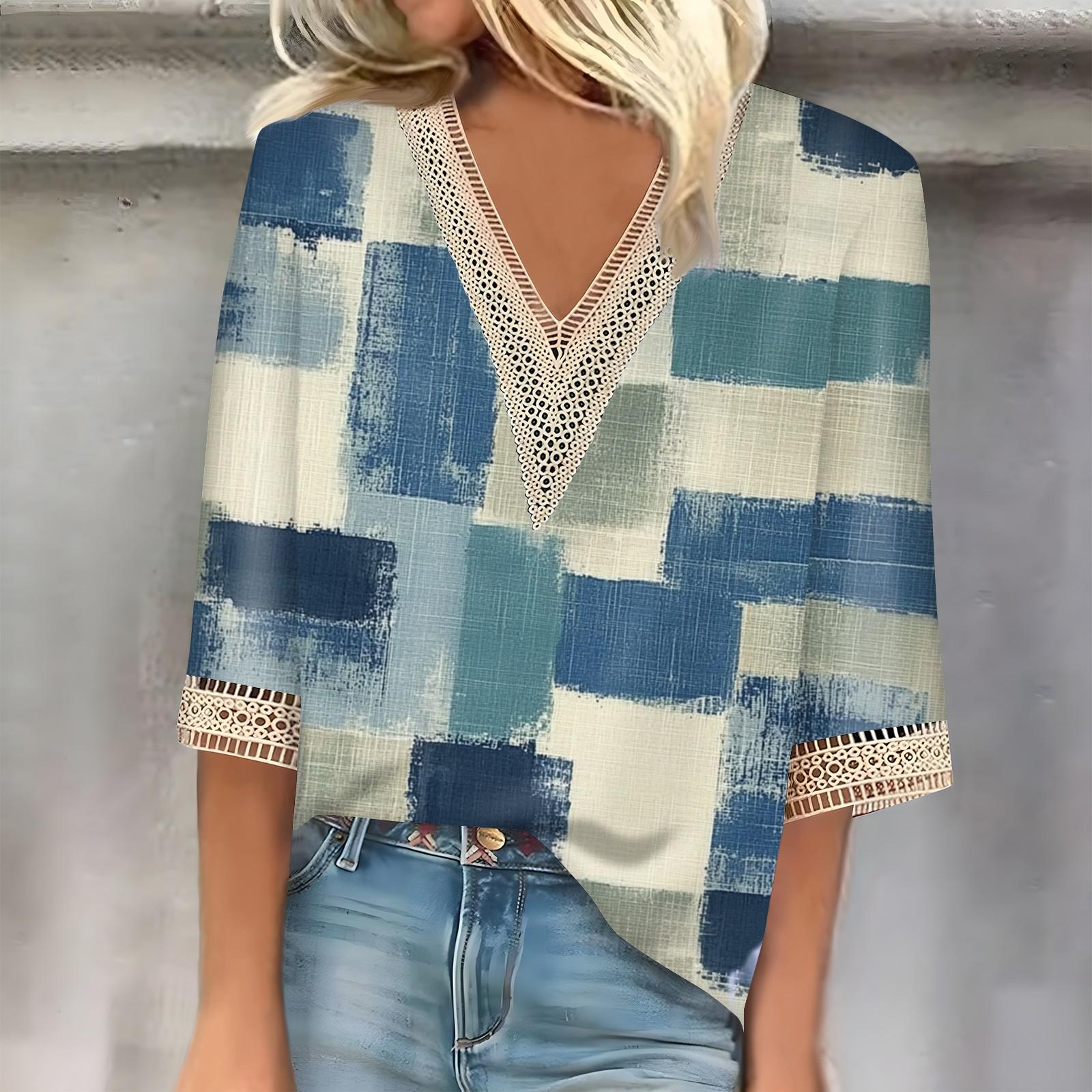 

Женская мода повседневный кружевной топ с рукавом 7/10 и V-образным вырезом с цветочным принтом L синий