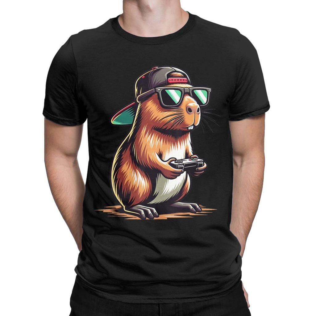 Mens TShirt Cool Capybara Playing Video Games Casual Cotton Tees Short Sleeve  T Shirt Crew Neck Tops 6XL