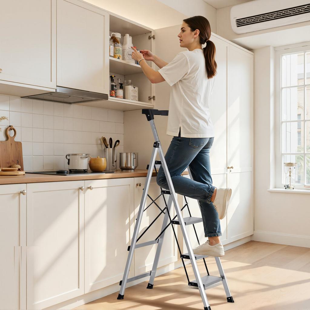 VEVOR Scala a 5 gradini, Sgabello pieghevole con pedale antiscivolo largo e maniglia comfort, Scala a pioli portatile in alluminio con capacità 150 kg
