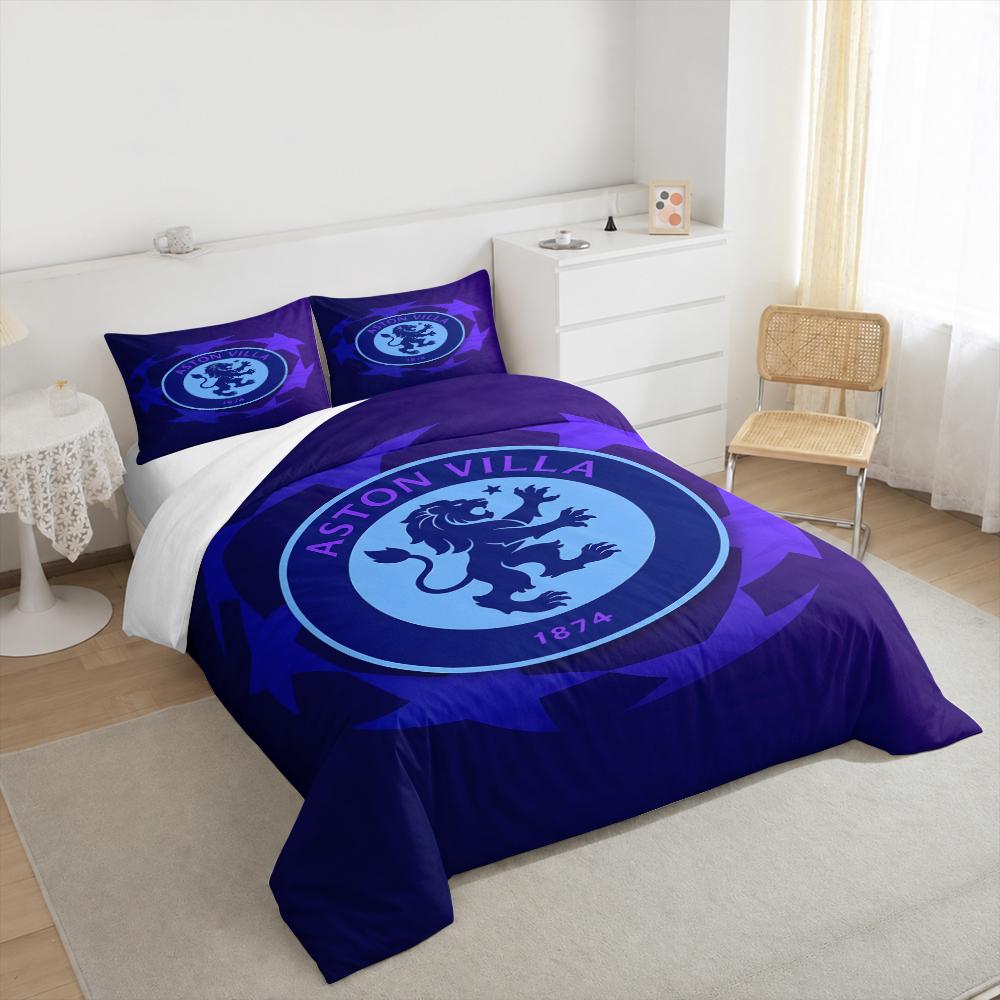 Duvet Cover Set Aston Villa Champions League Starball Purple Crest Football 3 Piece Bedding for Adult Fan Gift