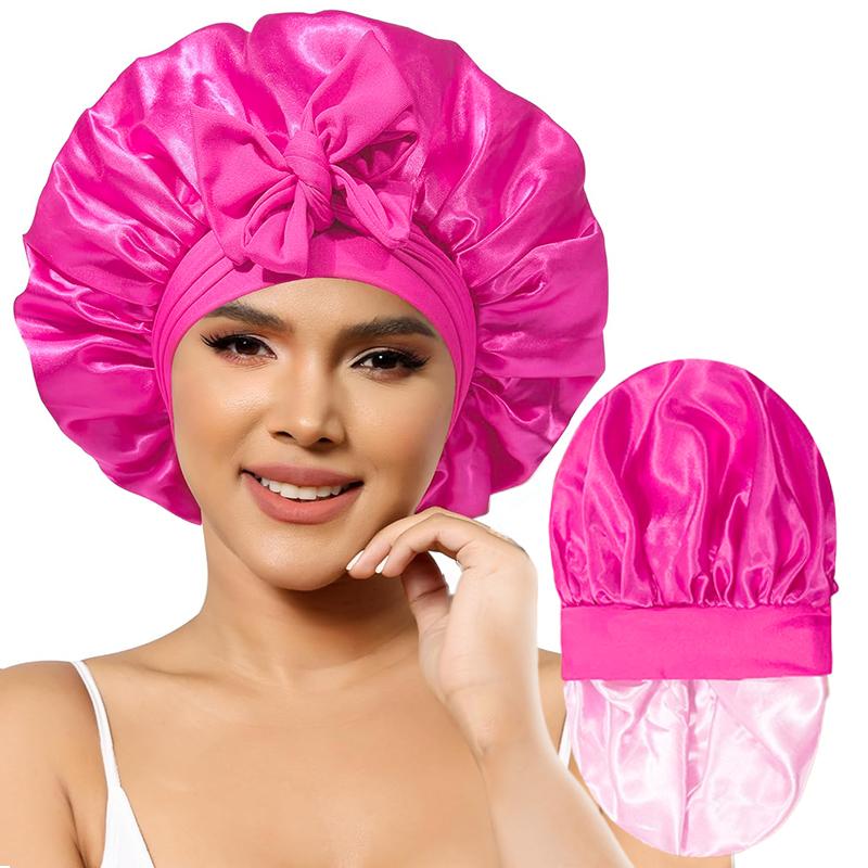 New Elegant Satin Lined Bonnet Double Layered Ribbon Round Hat Wide Brimmed Bath Hat Black Sleep Cap for Women Curly Hair