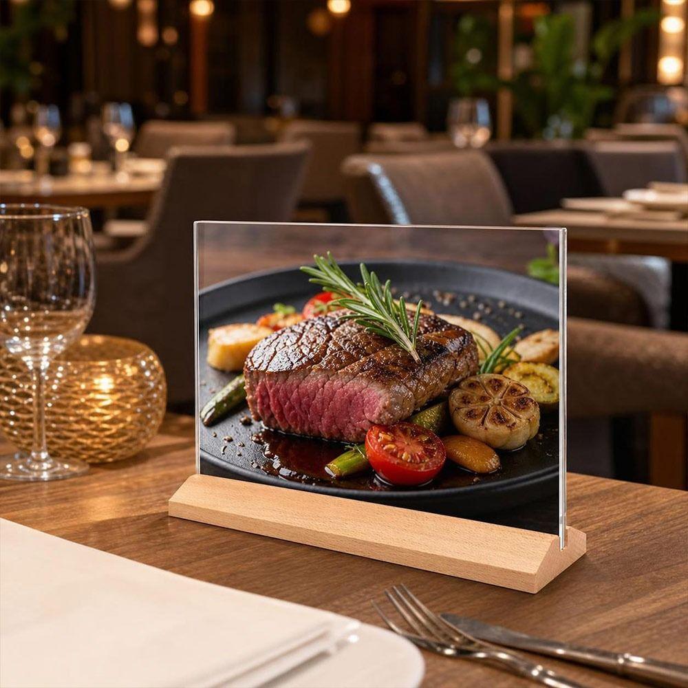Doppelseitiger Acryl-Schildhalter Holzsockel Tischaufsteller Restaurant-Menühalter