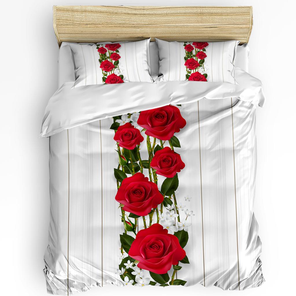 Rød Og Svart Roseblomst Hvit Sengetøyssett 3 stk Dynetrekk Putetrekk Barn Voksen Dynetrekk Dobbeltsengsett Hjemmetekstil
